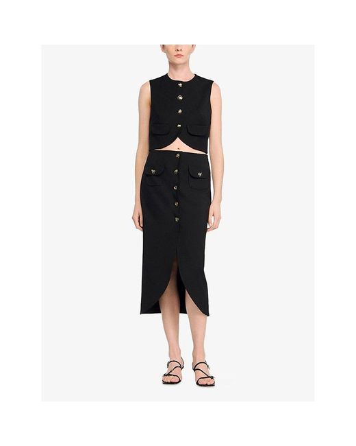 Sandro Black Button-Down High-Rise Stretch-Woven Midi Skirt