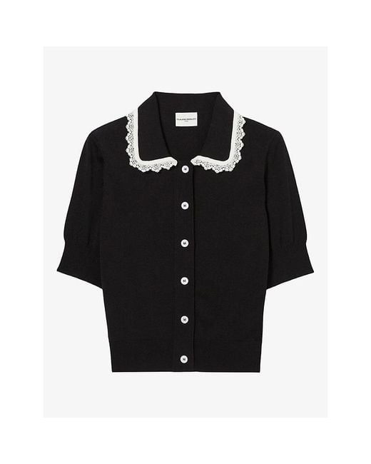Claudie Pierlot Black Collared Short-Sleeve Knitted Cardigan