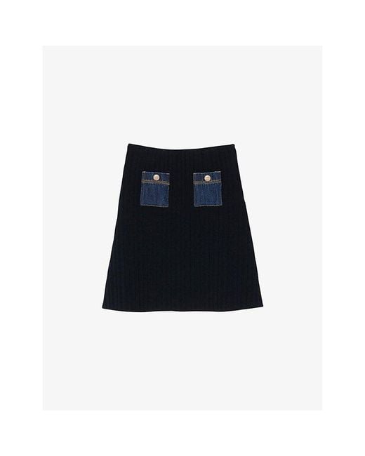 Sandro Black Denim-Pocket Knitted Mini Skirt