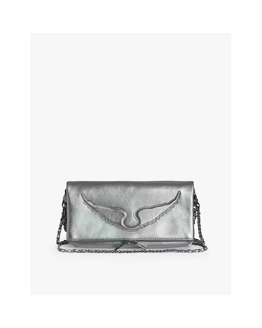 Zadig & Voltaire Gray Rock Wing-Embellished Leather Clutch