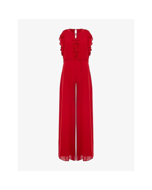 Phase Eight Red Rachel Petite Ruffle-Trim Tie-Waist Woven Jumpsuit