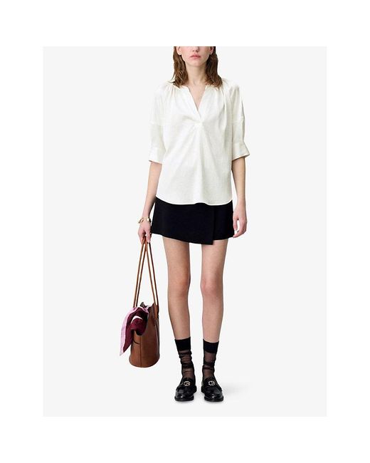 Claudie Pierlot White Tunisian-Collar Short-Sleeve Woven Blouse