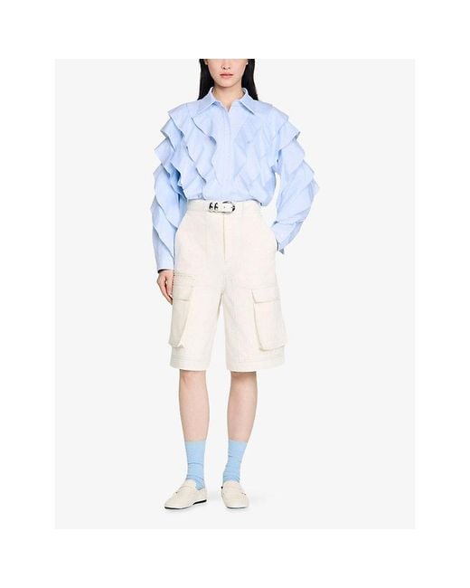 Sandro Blue Ruffled Long-Sleeved Cotton Shirt
