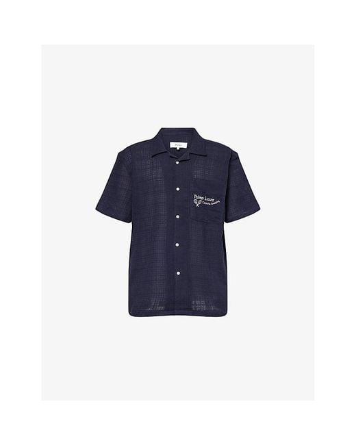 Palmes Blue Embroidered-Log Semi-Sheer Cotton Shirt for men