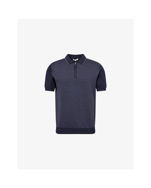Arne Blue Herringbone Zip-Up Cotton-Knit Polo Top for men