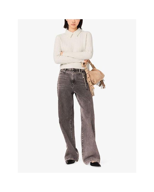 Maje White Embellished-Collar Ribbed Wool-Blend Jumper