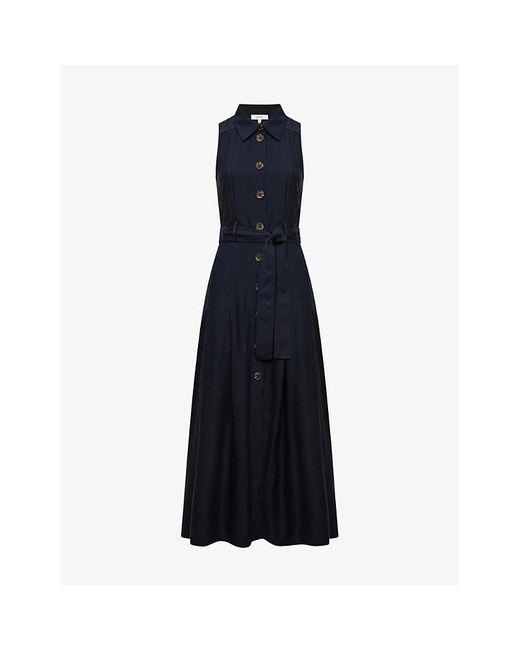Reiss Milena Button-through Tied-waist Woven Midi Dress in Blue | Lyst