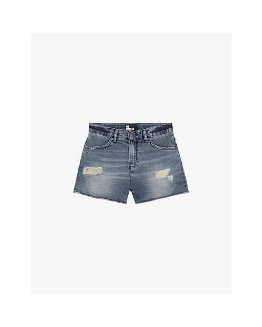 The Kooples Blue Wash-Effect Distressed Denim Shorts
