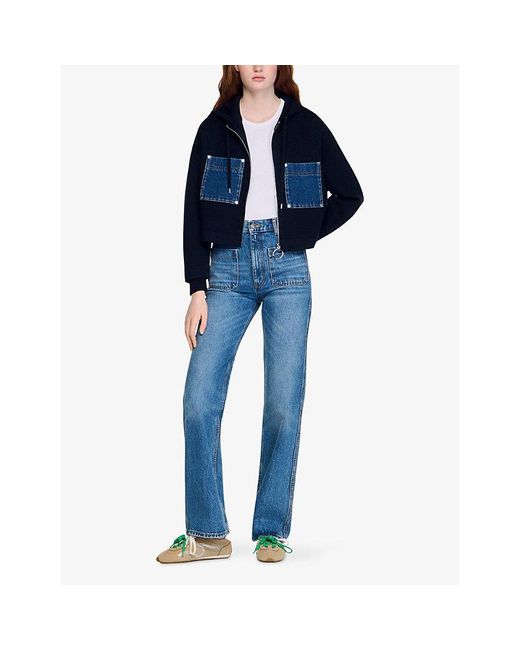 Sandro Blue Denim-Pocket Relaxed-Fit Knitted Hoody