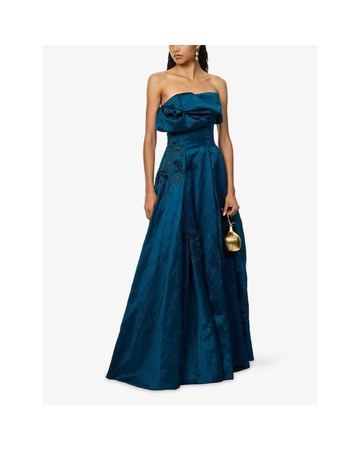 Erdem Blue Embroidered Textured Satin Maxi Dress