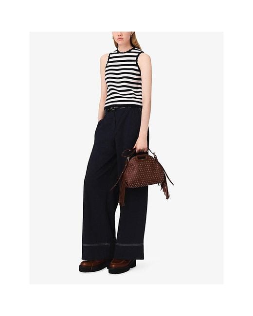 Maje Blue Belted-Waist Contrast-Stitch Stretch-Cotton Trousers
