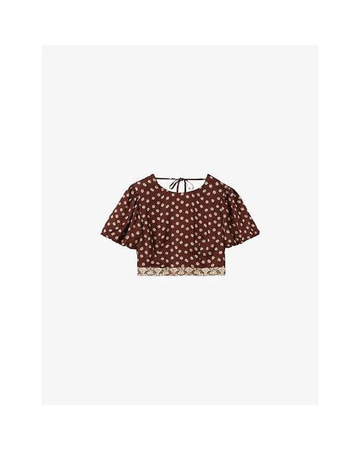 Claudie Pierlot Brown Cropped Graphic-Print Satin Top
