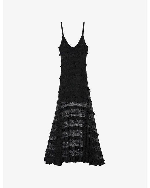 Sandro Black Sheer-panel Stretch-knit Maxi Dress
