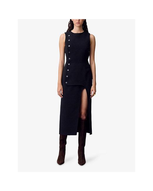 Claudie Pierlot Black Button-Down Round-Neck Stretch-Woven Midi Dress