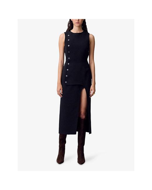 Claudie Pierlot Black Button-Down Round-Neck Stretch-Woven Midi Dress