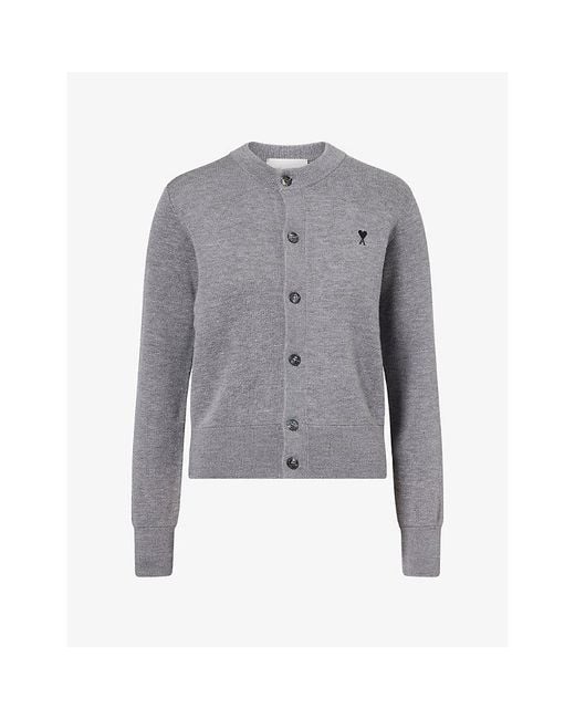 AMI Gray Ami De Coeur Crew Neck Wool Knit Cardigan