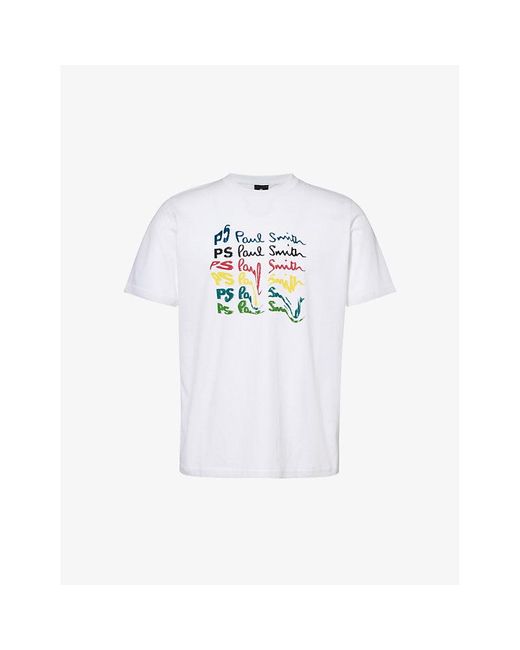 PS by Paul Smith White Wavy Logo-print Organic-cotton T-shirt for men