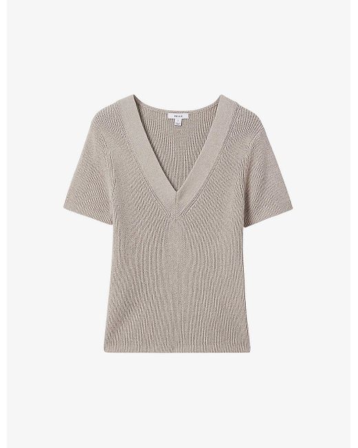 Reiss Gray Rosie V-neck Short-sleeve Knitted Top