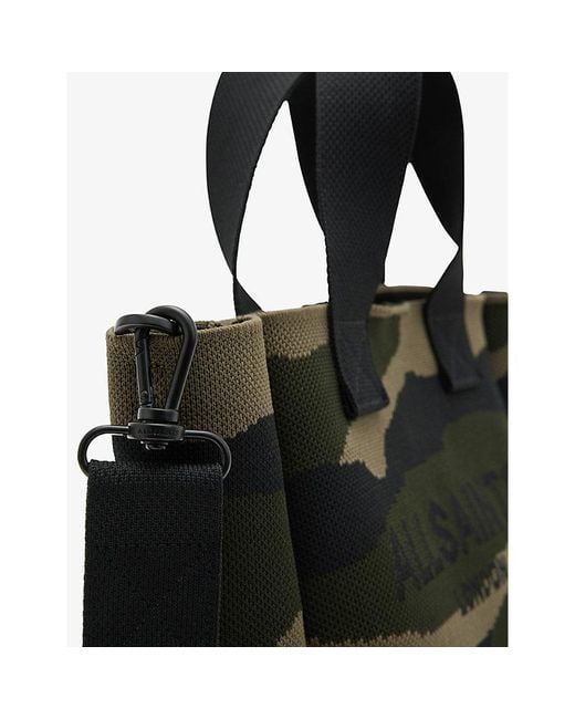 AllSaints Black Izzy Mini Camouflage-print Knitted Recycled-polyester Tote Bag