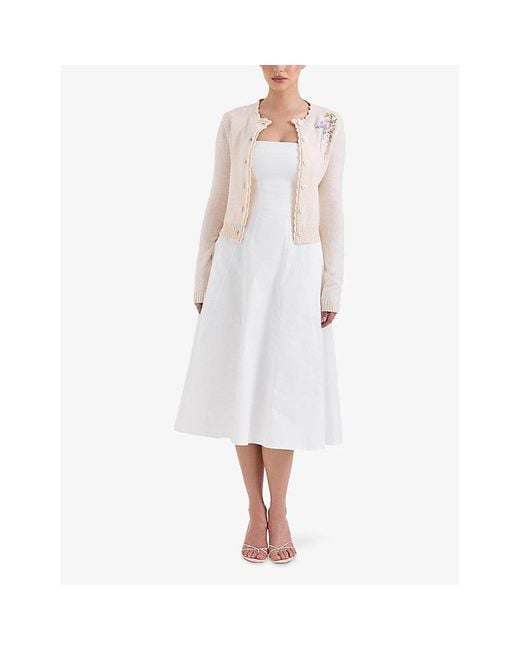 House Of Cb White Anjou Floral-Embroidered Wool Knitted Cardigan