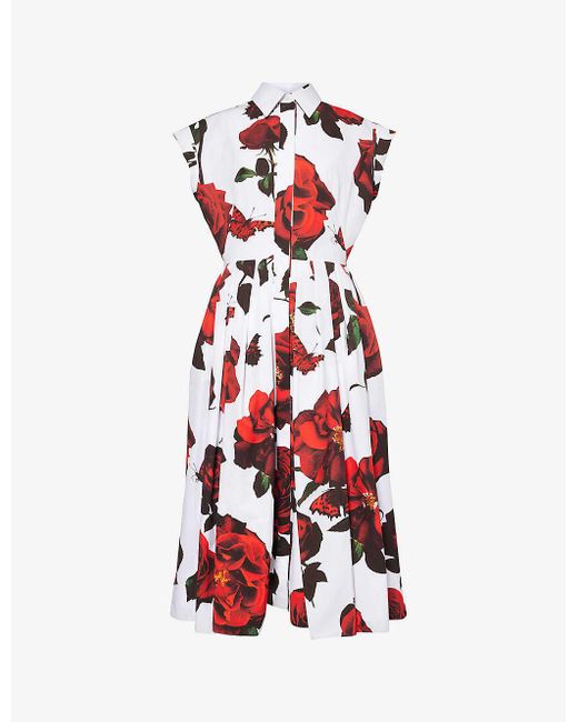 Alexander McQueen Red Floral-pattern Cotton-poplin Midi Dress