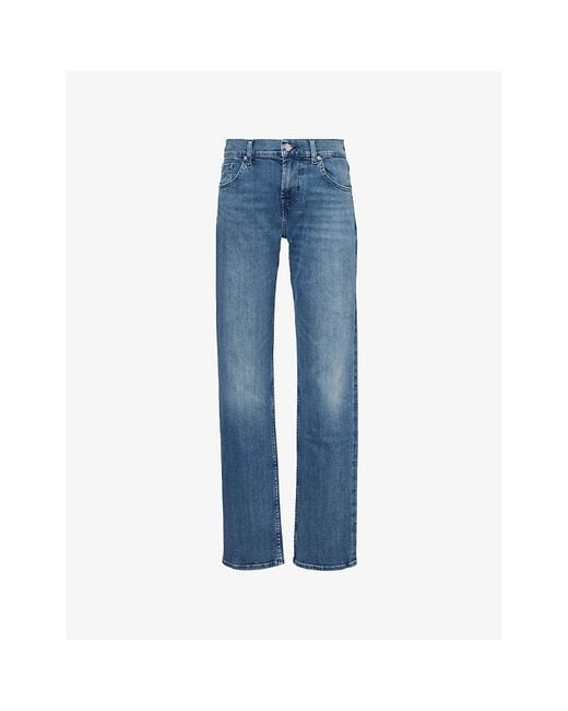 7 For All Mankind Blue Standard Luxe Whiskering Straight-Leg Regular-Fit Stretch-Denim Jeans for men
