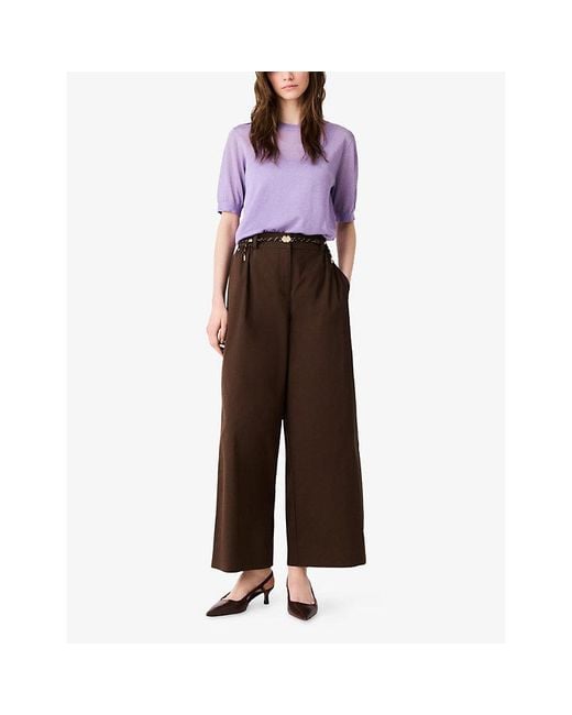 Maje Brown Wide-Leg High-Rise Stretch Cotton-Blend Trousers