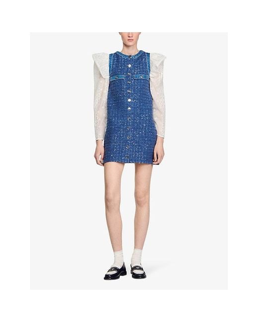 Sandro Blue Denim-trim Tweed Mini Dress