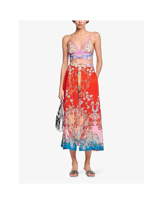 Sandro Red Floral-print Two-layer Woven Maxi Skirt