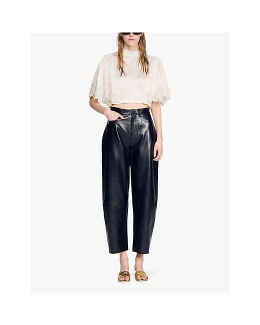 Sandro Natural Lace-Trim Cropped Satin Top