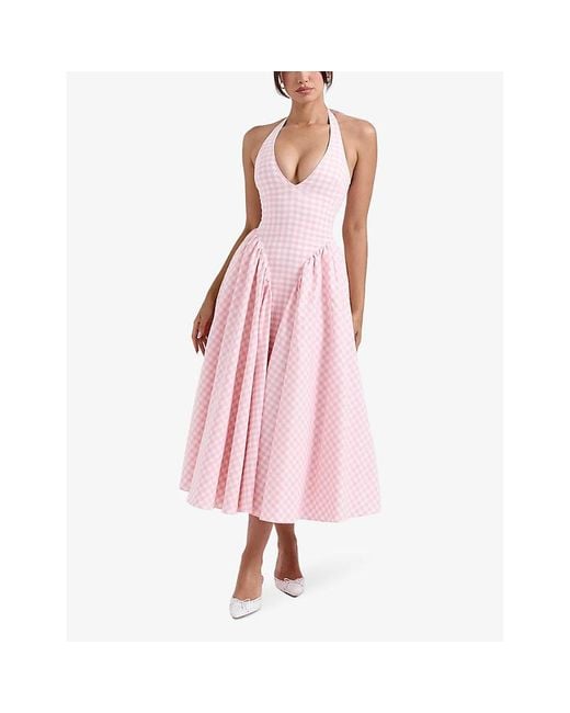 House Of Cb Pink Marilyn Gingham Stretch-Woven Midi Dress