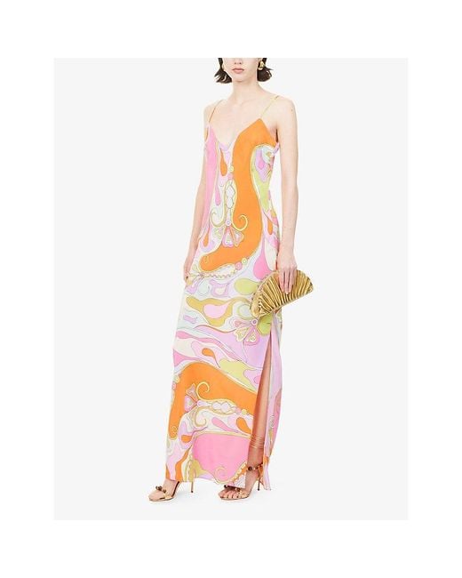 Emilio Pucci Orange Graphic-Print Silk Maxi Dress