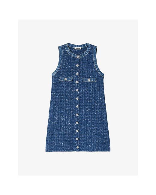 Sandro Blue Denim-Trim Tweed Mini Dress