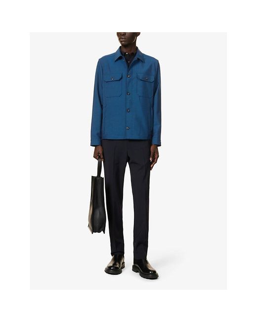 Corneliani Blue Long-sleeved Zipped-pocket Wool-blend Overshirt for men