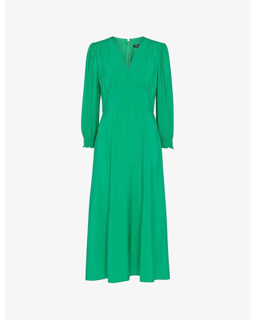 Whistles Green Sula V-neck Long-sleeve Woven Midi Dress