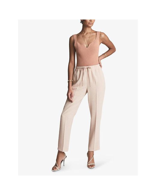 Reiss Hailey Elasticated-waist High-rise Recycled Polyester-blend Trousers  in Natural | Lyst
