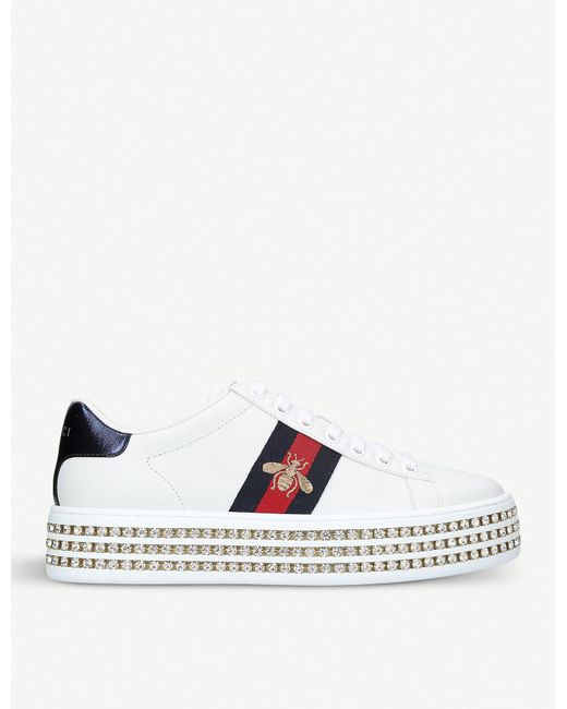 Gucci Womens White Women's New Ace Crystal Bee-embroidered Leather Trainers 4