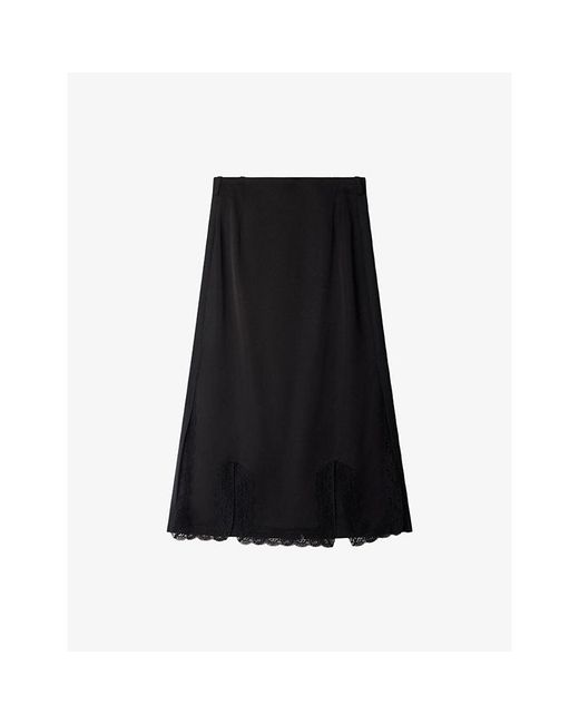 Sandro Black Split-Hem Lace-Trim Woven Midi Skirt
