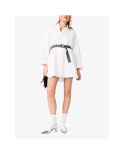 Maje White Long-Sleeved Contrast-Belt Cotton Shirt Dress