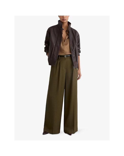 Reiss Green Cora Pleated Wide-Leg Woven Trousers