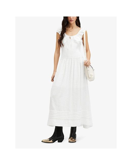 AllSaints White Eliza Gathered Woven Midi Dress