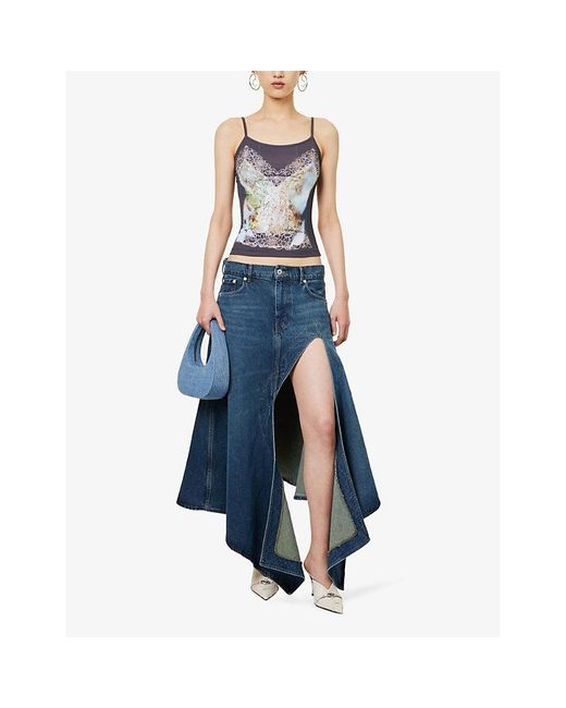 Y. Project Blue Asymmetric-hem Logo-patch Organic-denim Midi Skirt