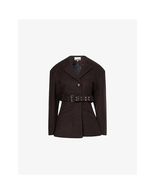 Ganni Black Belted Single-Breasted Wool-Blend Jacket