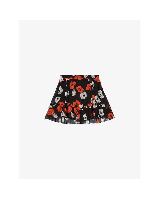 The Kooples Red Floral-Print Asymmetric-Hem Woven Mini Skirt