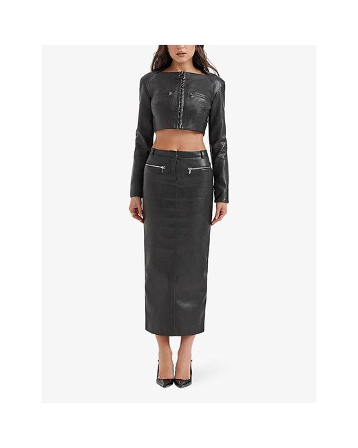 House Of Cb Black Lone Zip-embellished Cropped Faux-leather Top