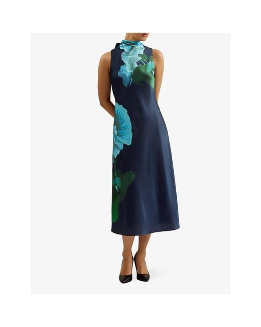 Ted Baker Blue Vy Timava Floral-print Cowl-neck Woven Midi Dress