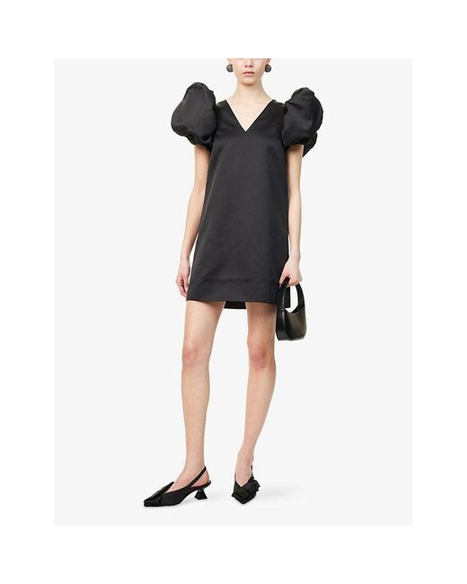 ROTATE BIRGER CHRISTENSEN Black Puff-Sleeve A-Line Satin Mini Dress