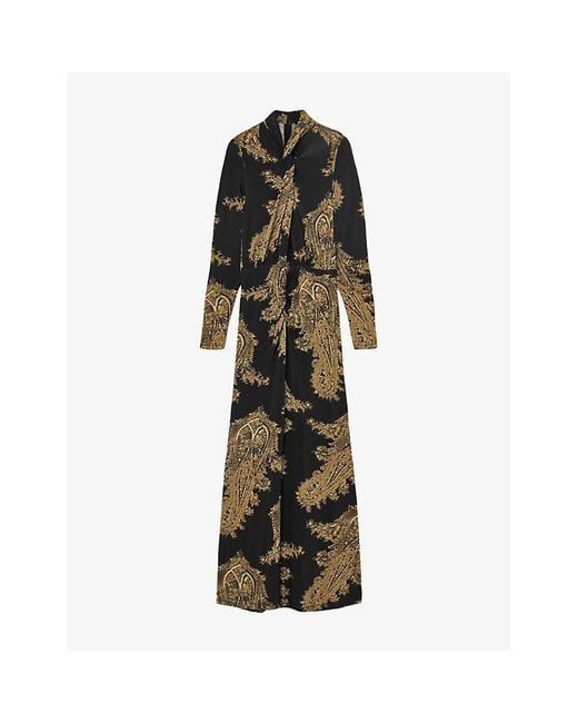 AllSaints Black Mina Graphic-Print Stretch-Jersey Maxi Dress