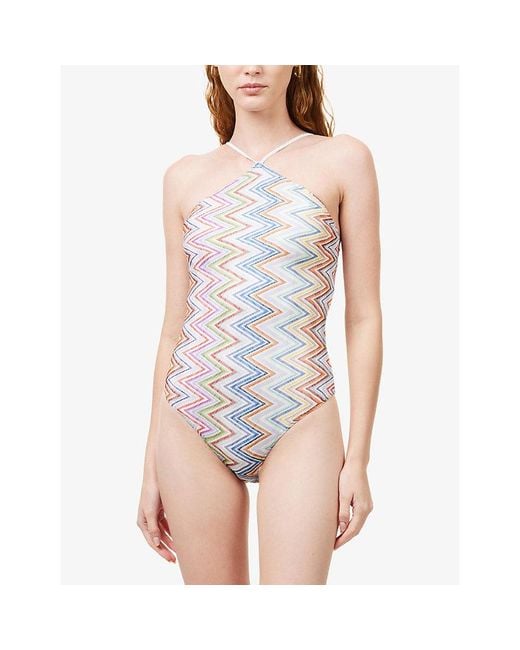 Missoni White Zigzag-Pattern Halterneck Swimsuit