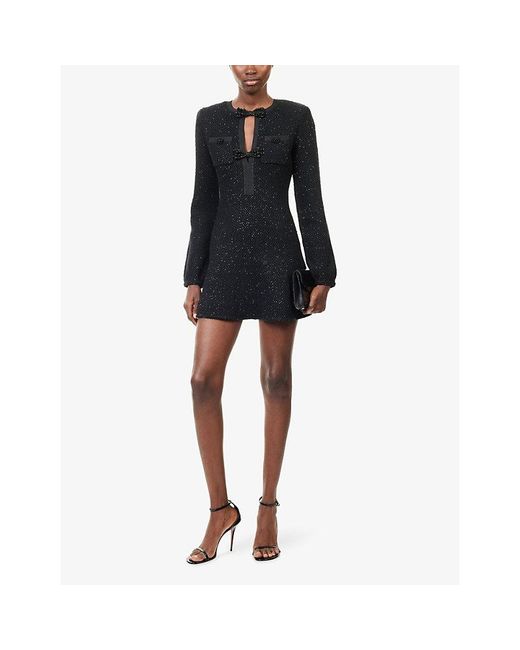 Self-Portrait Black Sequin Long-Sleeves Knitted Mini Dress